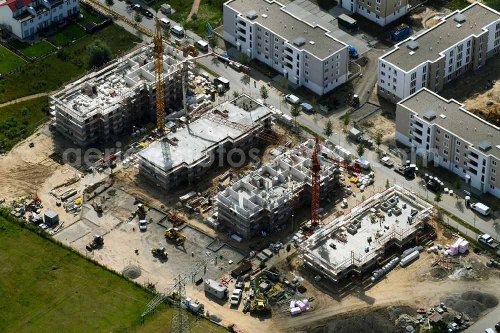 Schönefeld from above - Construction site to build a new multi-family residential complex of Bonava Deutschland GmbH on Bertolt-Brecht-Allee in Schoenefeld in the state Brandenburg, Germany