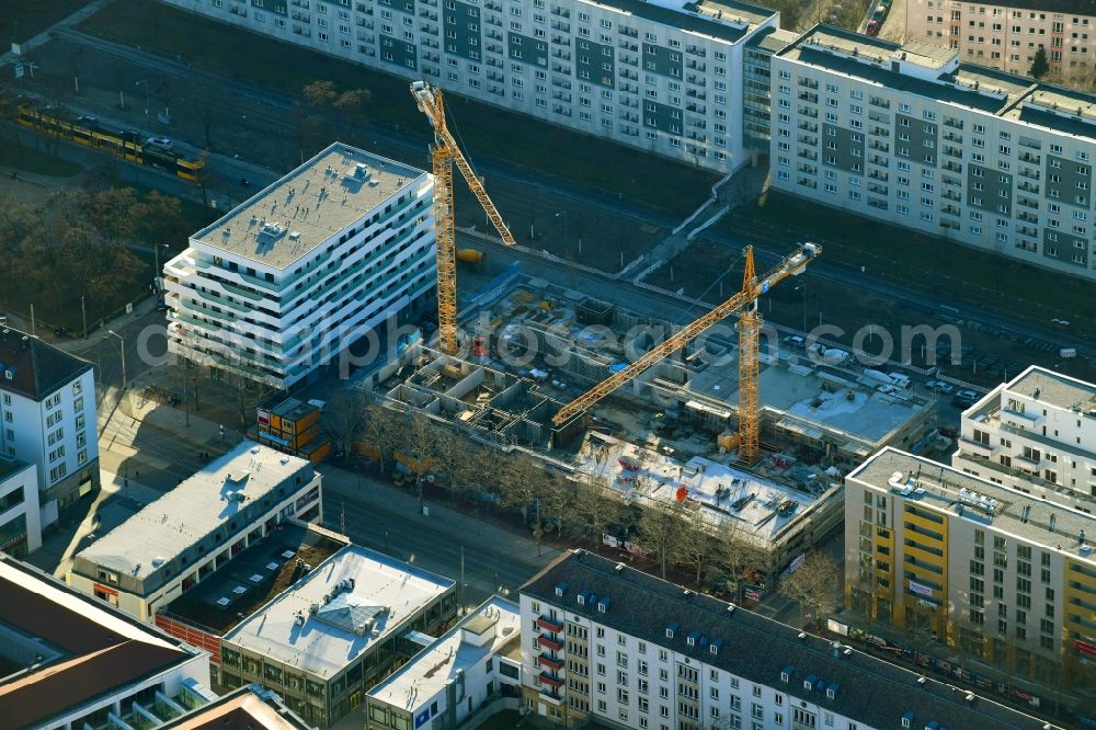 Dresden from the bird's eye view: Construction site to build a new multi-family residential complex Boulevard am Wall II - Merkur 3 on Wallstrasse in the district Wilsdruffer Vorstadt in Dresden in the state Saxony, Germany