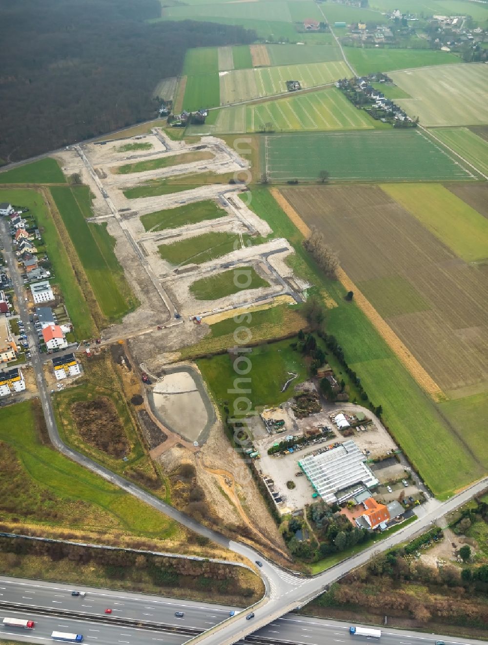 Aerial photograph Brechten - Construction site to build a new multi-family residential complex Brechtener Heide in Brechten in the state North Rhine-Westphalia, Germany