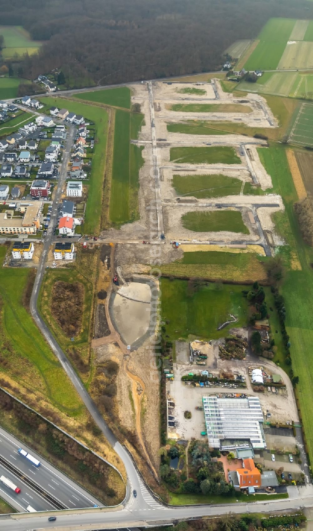 Brechten from above - Construction site to build a new multi-family residential complex Brechtener Heide in Brechten in the state North Rhine-Westphalia, Germany