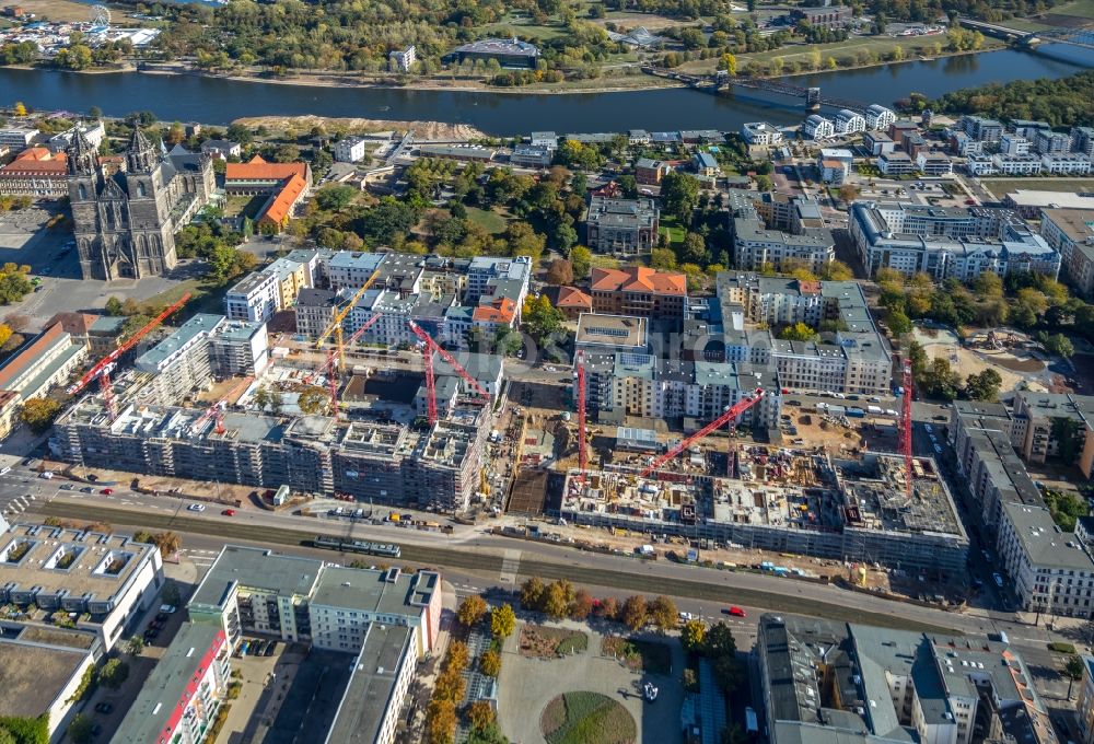 Magdeburg from above - Construction site to build a new multi-family residential complex Breiter Weg - Danzstrasse in Magdeburg in the state Saxony-Anhalt, Germany