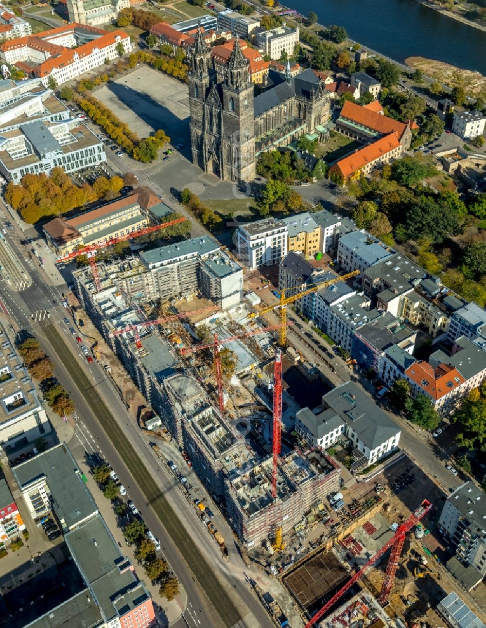 Aerial photograph Magdeburg - Construction site to build a new multi-family residential complex Breiter Weg - Danzstrasse in Magdeburg in the state Saxony-Anhalt, Germany