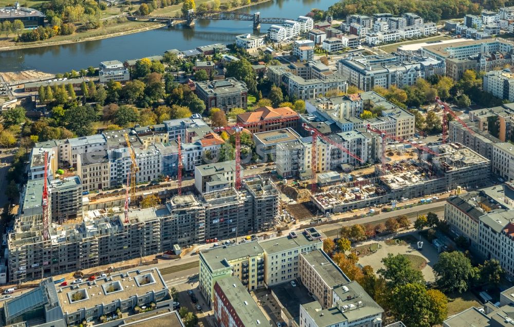 Magdeburg from the bird's eye view: Construction site to build a new multi-family residential complex Breiter Weg - Danzstrasse in Magdeburg in the state Saxony-Anhalt, Germany