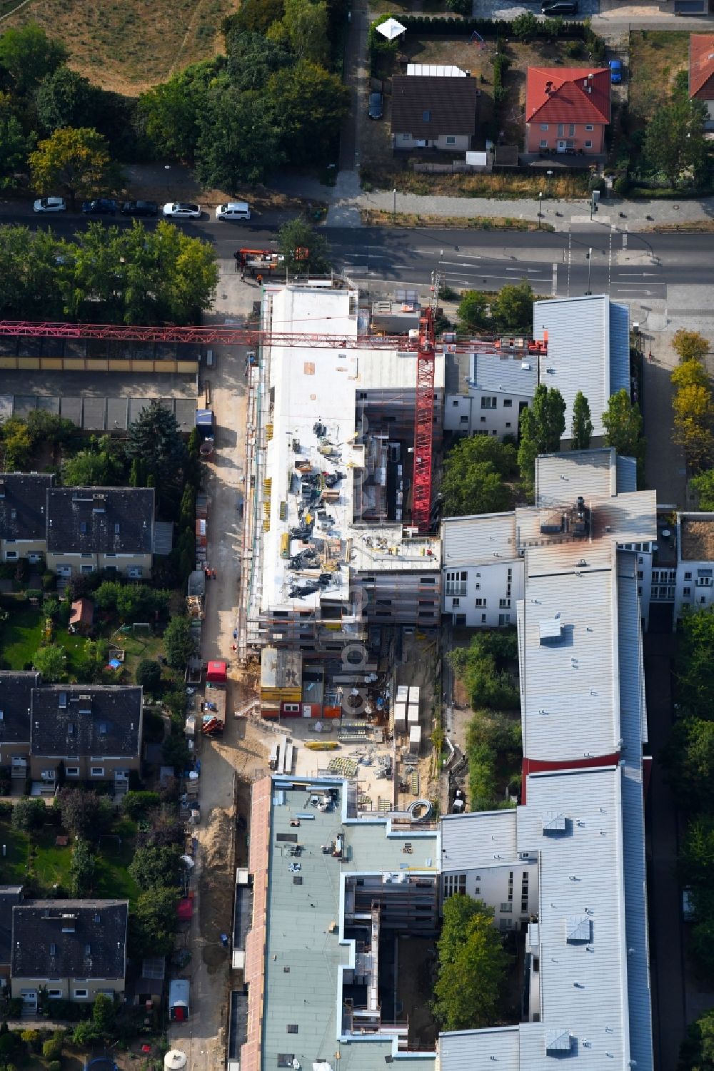 Berlin from above - Construction site to build a new multi-family residential complex Britzer Strasse in the district Mariendorf in Berlin, Germany