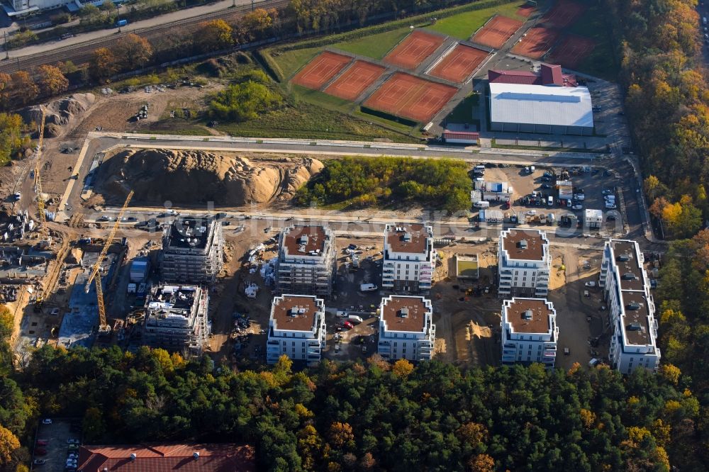 Aerial image Potsdam - Construction site to build a new multi-family residential complex at Heinrich-Mann-Avenue in the district Waldstadt I in Potsdam in the state Brandenburg. Involved company is Heinrich-Mann-Allee 95 Grundstuecksgesellschaft mbH