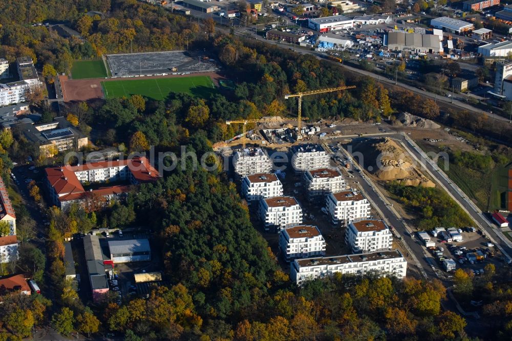 Aerial image Potsdam - Construction site to build a new multi-family residential complex at Heinrich-Mann-Avenue in the district Waldstadt I in Potsdam in the state Brandenburg. Involved company is Heinrich-Mann-Allee 95 Grundstuecksgesellschaft mbH