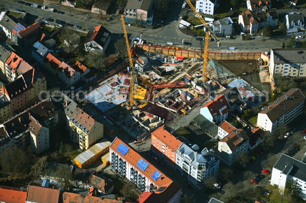 Aerial image Nürnberg - Construction site to build a new multi-family residential complex Carlina-Park on streets Schopenhauerstrasse - Hegelstrasse - Nietzschestrasse - Distelstrasse in the district Maxfeld in Nuremberg in the state Bavaria, Germany