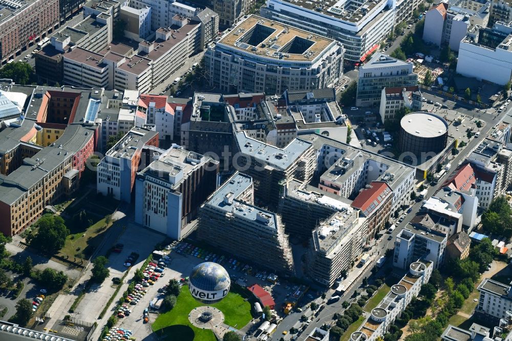 Berlin from the bird's eye view: Construction site to build a new multi-family residential complex Charlie Livin of Trockland Management GmbH along the Zimmerstrasse and Mauerstrasse in the district Mitte in Berlin, Germany