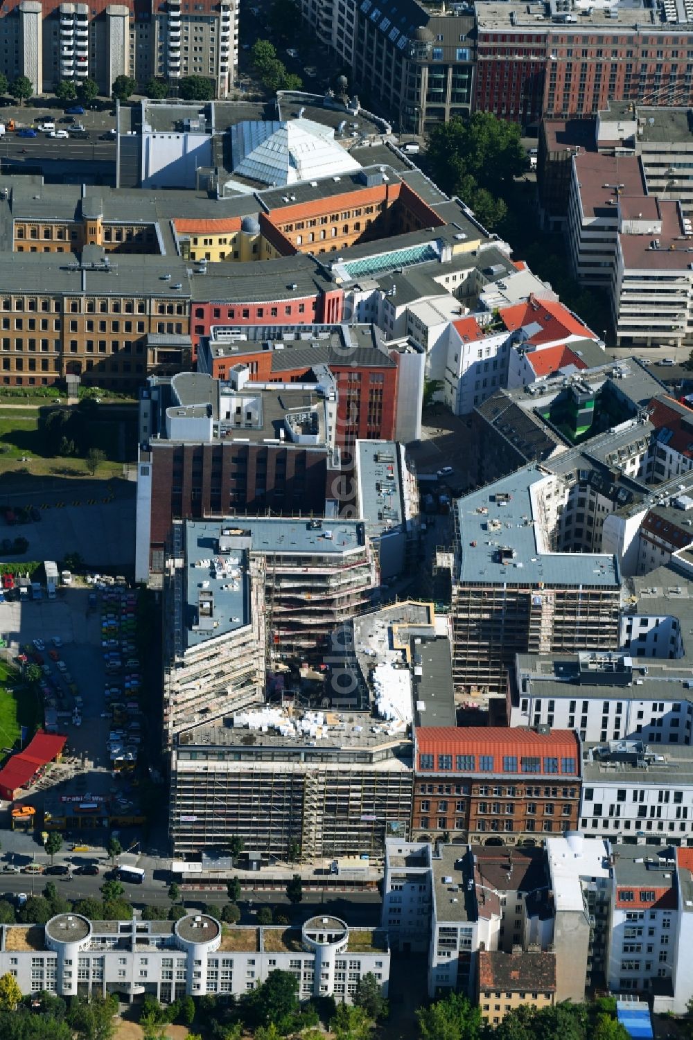 Aerial image Berlin - Construction site to build a new multi-family residential complex Charlie Livin of Trockland Management GmbH along the Zimmerstrasse and Mauerstrasse in the district Mitte in Berlin, Germany