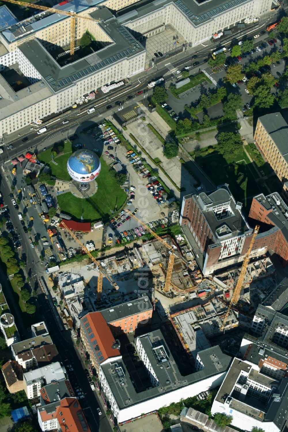 Berlin from above - Construction site to build a new multi-family residential complex Charlie Livin of Trockland Management GmbH along the Zimmerstrasse and Mauerstrasse in the district Mitte in Berlin, Germany