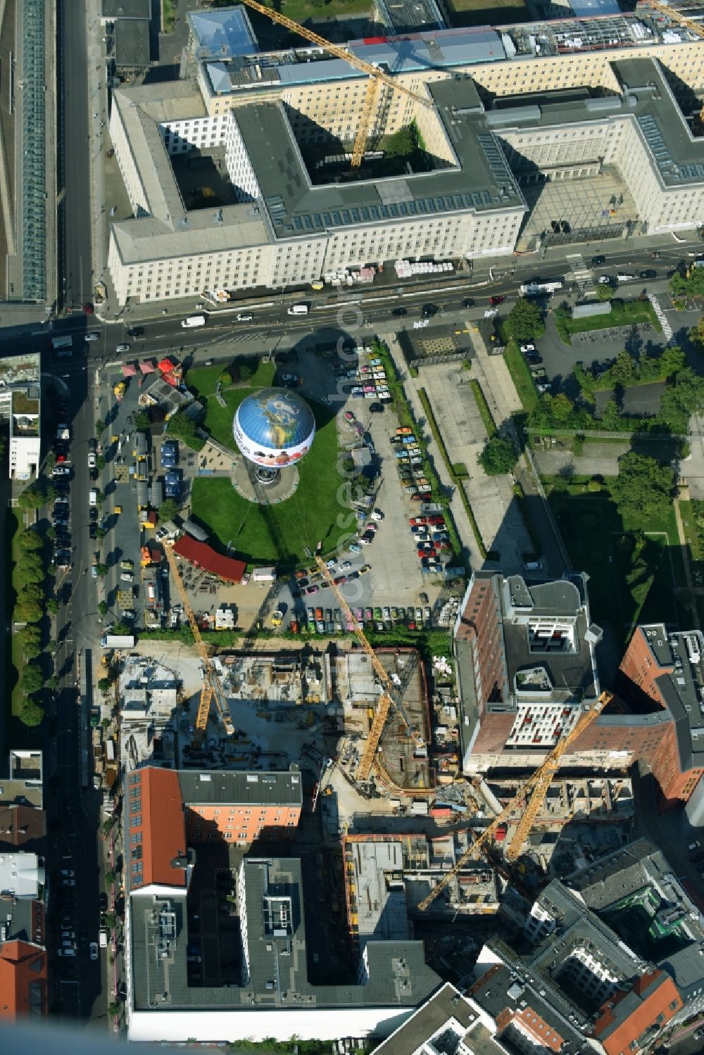 Aerial image Berlin - Construction site to build a new multi-family residential complex Charlie Livin of Trockland Management GmbH along the Zimmerstrasse and Mauerstrasse in the district Mitte in Berlin, Germany