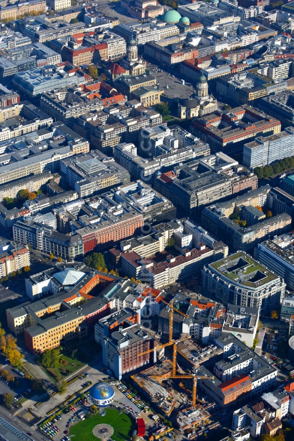 Berlin from above - Construction site to build a new multi-family residential complex Charlie Livin of Trockland Management GmbH along the Zimmerstrasse and Mauerstrasse in the district Mitte in Berlin, Germany