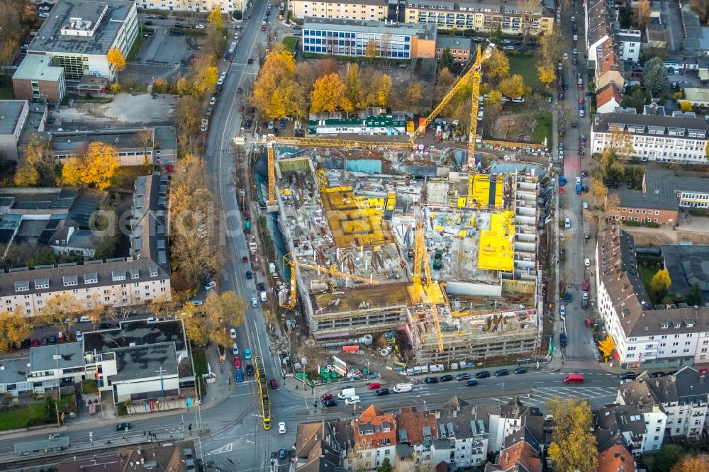 Essen from the bird's eye view: Construction site to build a new multi-family residential complex Cranachhoefe of Allbau AG in Essen in the state North Rhine-Westphalia, Germany