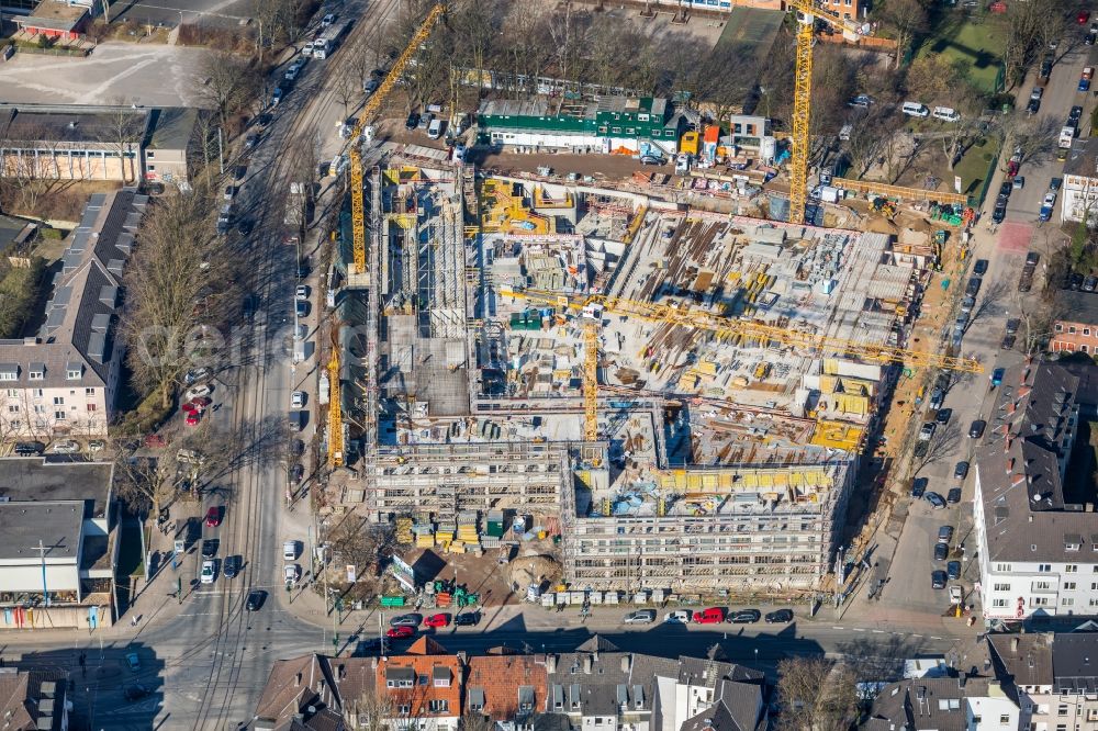 Essen from the bird's eye view: Construction site to build a new multi-family residential complex Cranachhoefe in Essen in the state North Rhine-Westphalia, Germany