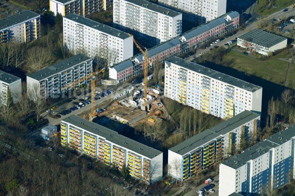 Aerial image Berlin - Construction site to build a new multi-family residential complex of degewo AG on Wuhlestrasse in the district Biesdorf in Berlin, Germany