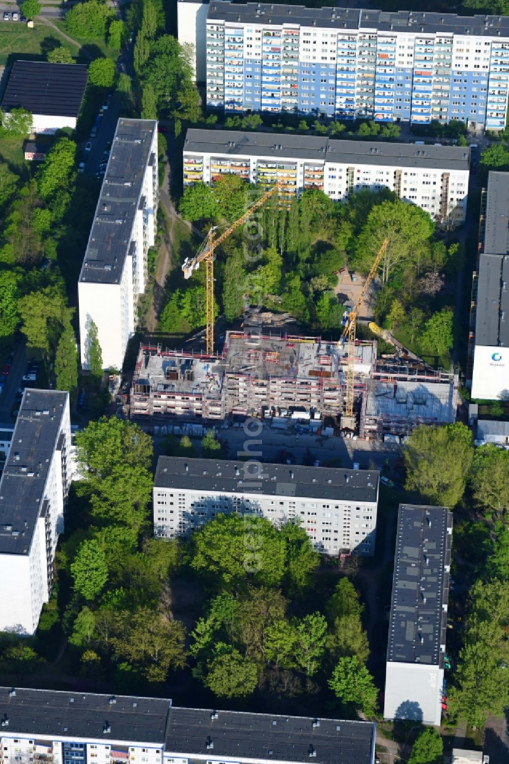 Aerial image Berlin - Construction site to build a new multi-family residential complex of degewo AG on Wuhlestrasse in the district Biesdorf in Berlin, Germany