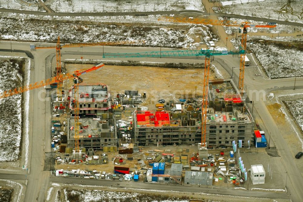 München from above - Construction site to build a new multi-family residential complex of DEMOS Wohnbau GmbH on Wiesentfelser Strasse in the district Aubing-Lochhausen-Langwied in Munich in the state Bavaria, Germany