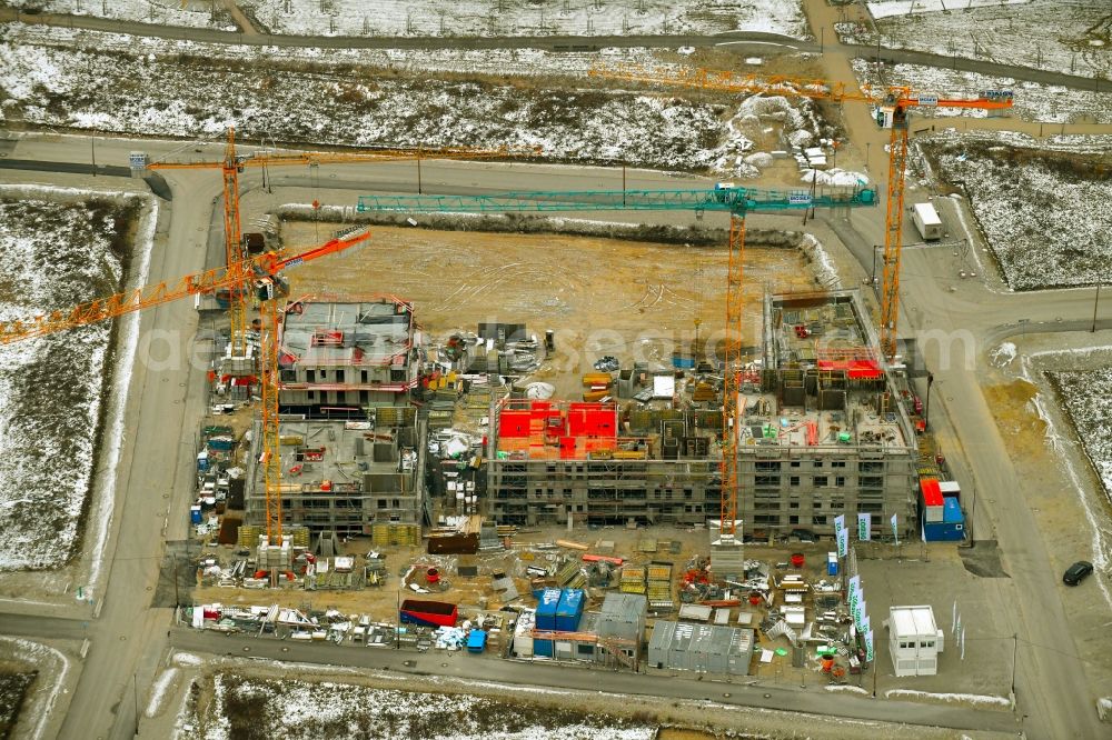 München from the bird's eye view: Construction site to build a new multi-family residential complex of DEMOS Wohnbau GmbH on Wiesentfelser Strasse in the district Aubing-Lochhausen-Langwied in Munich in the state Bavaria, Germany