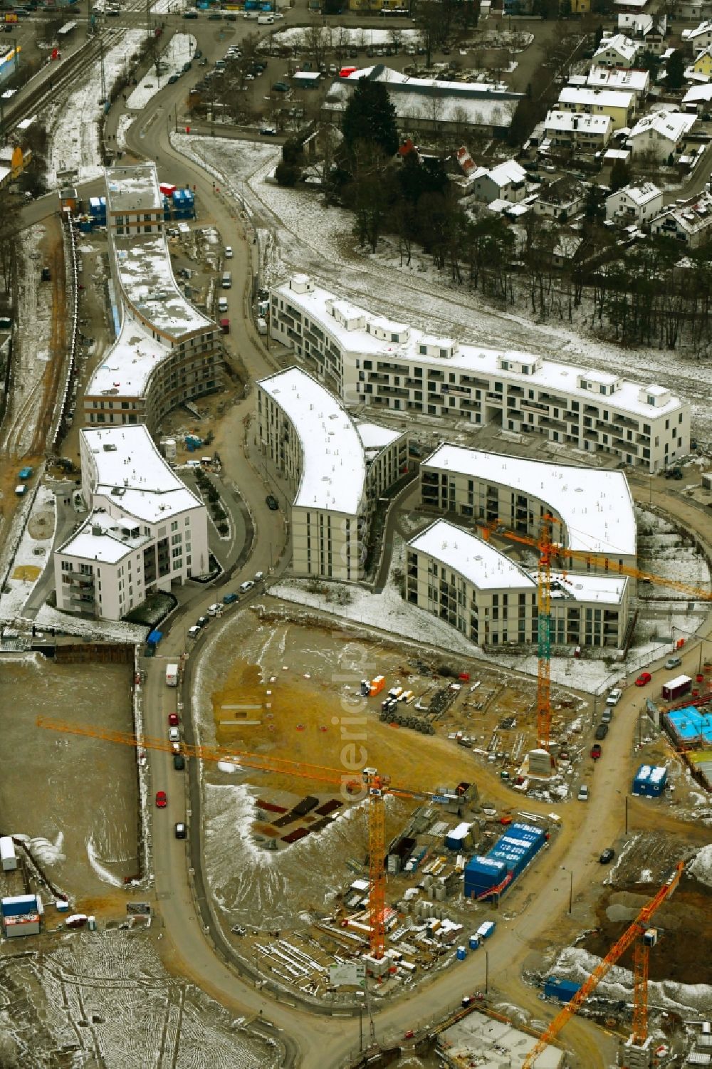 München from the bird's eye view: Construction site to build a new multi-family residential complex of DEMOS Wohnbau GmbH on Fritz-Bauer-Strasse in the district Aubing-Lochhausen-Langwied in Munich in the state Bavaria, Germany