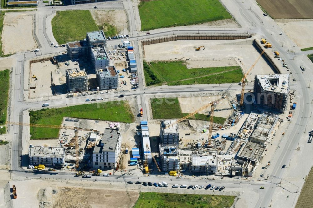 Aerial image München - Construction site to build a new multi-family residential complex of DEMOS Wohnbau GmbH on Wiesentfelser Strasse in the district Aubing-Lochhausen-Langwied in Munich in the state Bavaria, Germany