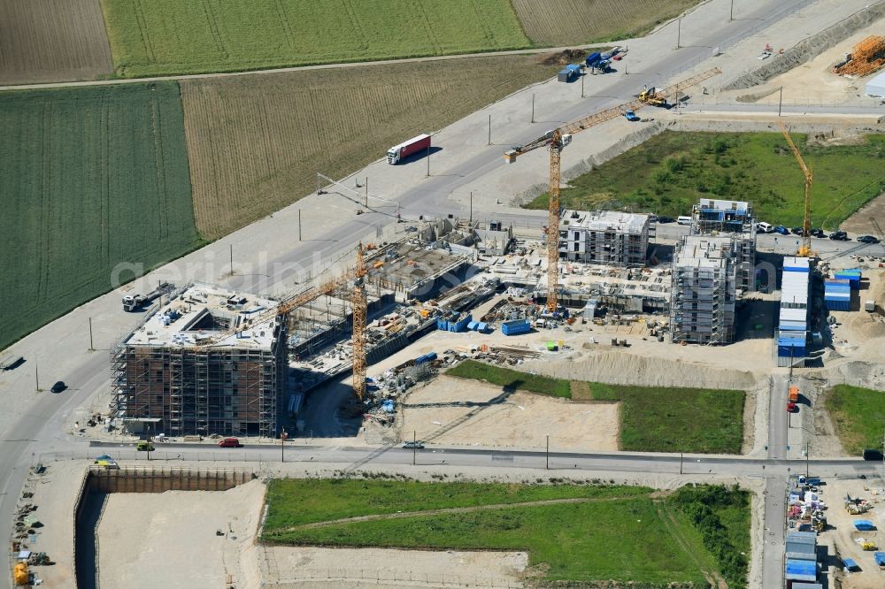 München from above - Construction site to build a new multi-family residential complex of DEMOS Wohnbau GmbH on Wiesentfelser Strasse in the district Aubing-Lochhausen-Langwied in Munich in the state Bavaria, Germany