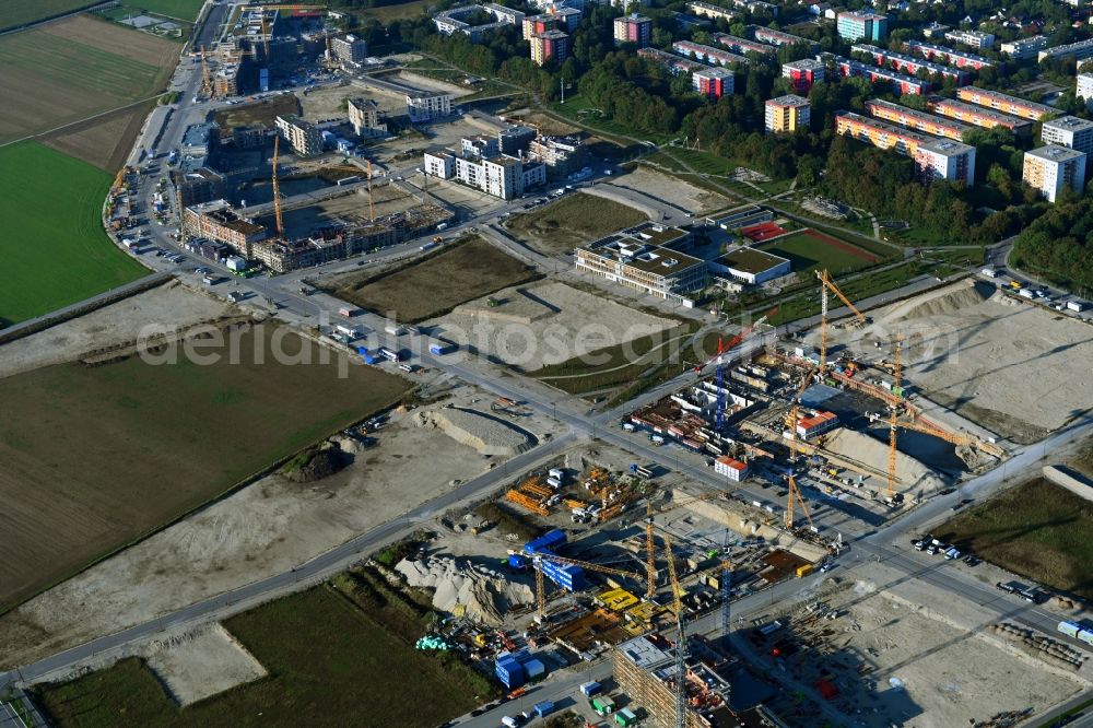 München from above - Construction site to build a new multi-family residential complex of DEMOS Wohnbau GmbH on Wiesentfelser Strasse in the district Aubing-Lochhausen-Langwied in Munich in the state Bavaria, Germany