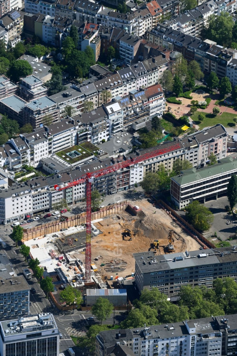 Aerial photograph Düsseldorf - Construction site to build a new multi-family residential complex of PANDION AG on Klosterstrasse - Oststrasse - Immermannstrasse in Duesseldorf in the state North Rhine-Westphalia, Germany