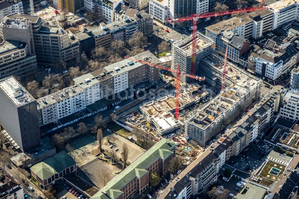 Düsseldorf from the bird's eye view: Construction site to build a new multi-family residential complex of PANDION AG on Klosterstrasse - Oststrasse - Immermannstrasse in Duesseldorf in the state North Rhine-Westphalia, Germany