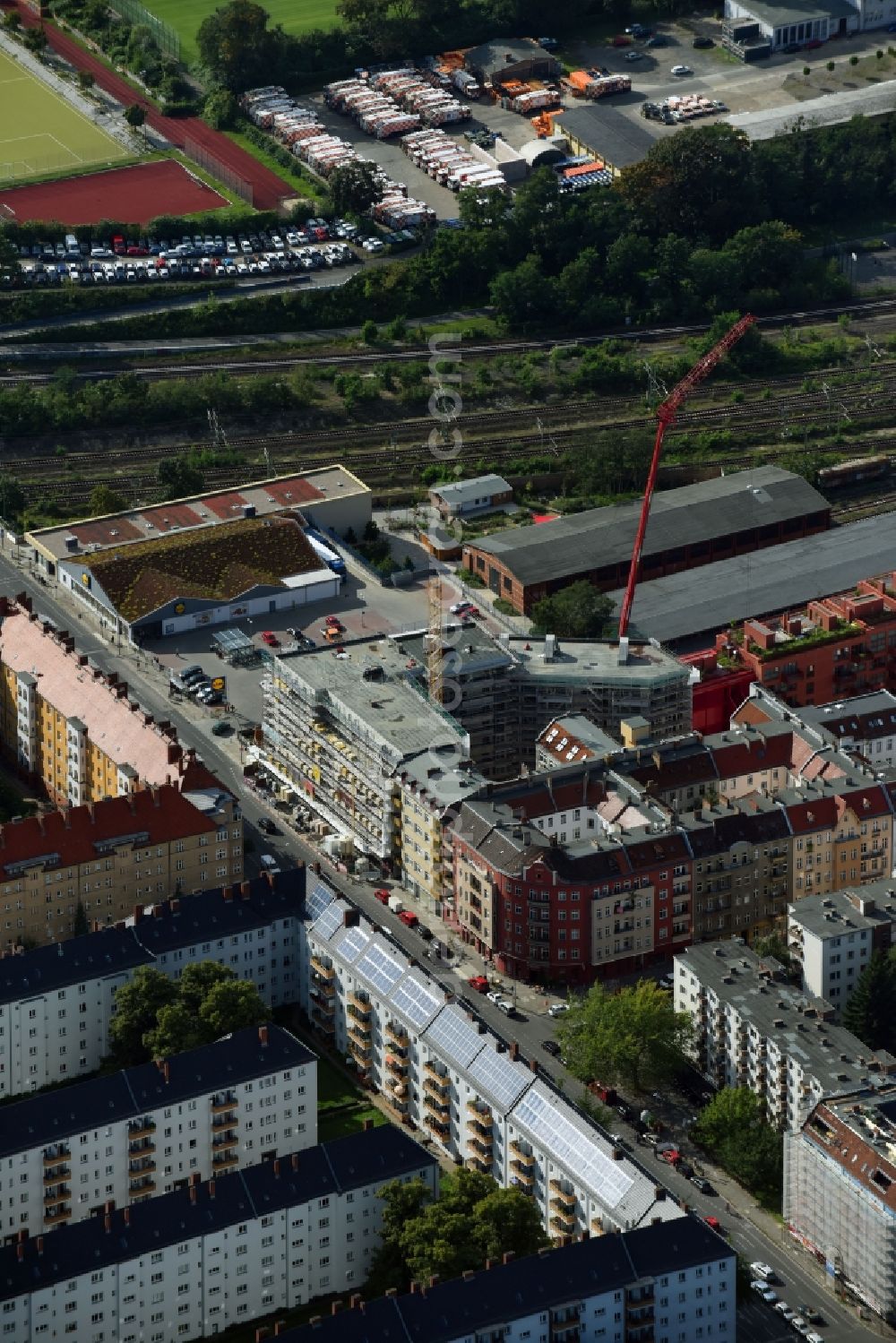 Aerial image Berlin - Construction site to build a new multi-family residential complex Dudenstrasse in the district Tempelhof-Schoeneberg in Berlin, Germany