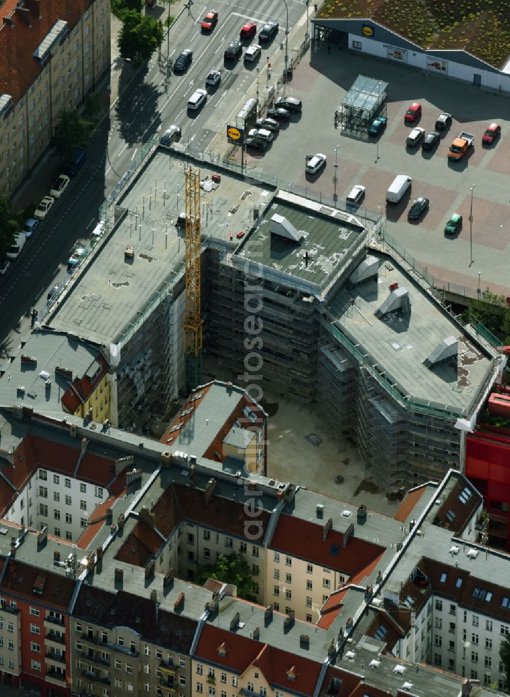 Aerial image Berlin - Construction site to build a new multi-family residential complex Dudenstrasse in the district Tempelhof-Schoeneberg in Berlin, Germany