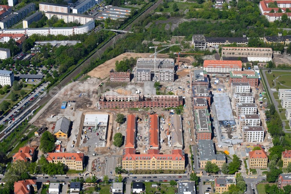 Leipzig from above - Construction site to build a new multi-family residential complex on the former Kasernengelaende on Olbrichtstrasse in Leipzig in the state Saxony, Germany