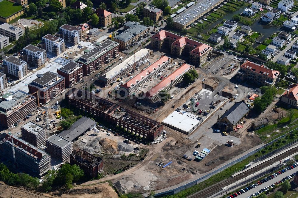 Leipzig from above - Construction site to build a new multi-family residential complex on the former Kasernengelaende on Olbrichtstrasse in Leipzig in the state Saxony, Germany