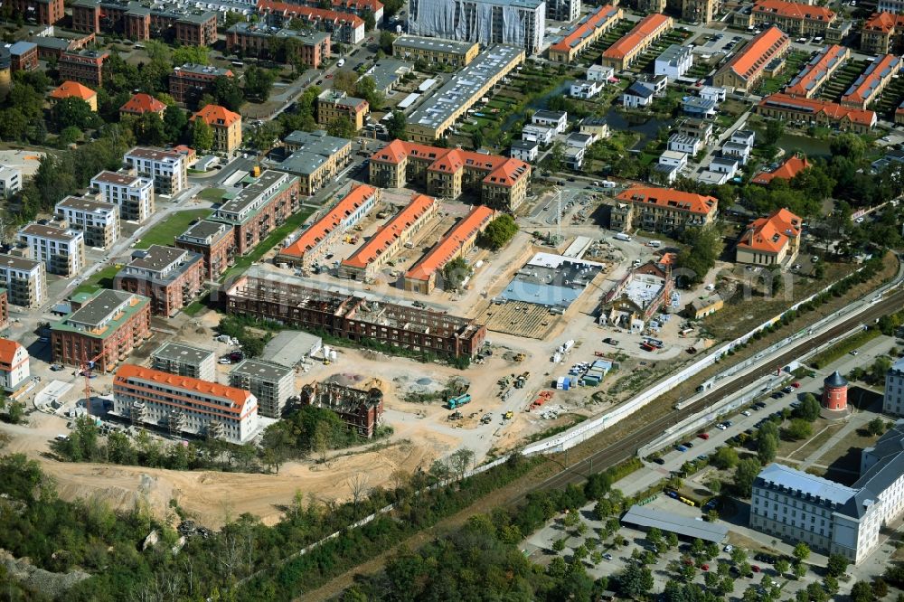 Leipzig from above - Construction site to build a new multi-family residential complex on the former Kasernengelaende on Olbrichtstrasse in Leipzig in the state Saxony, Germany