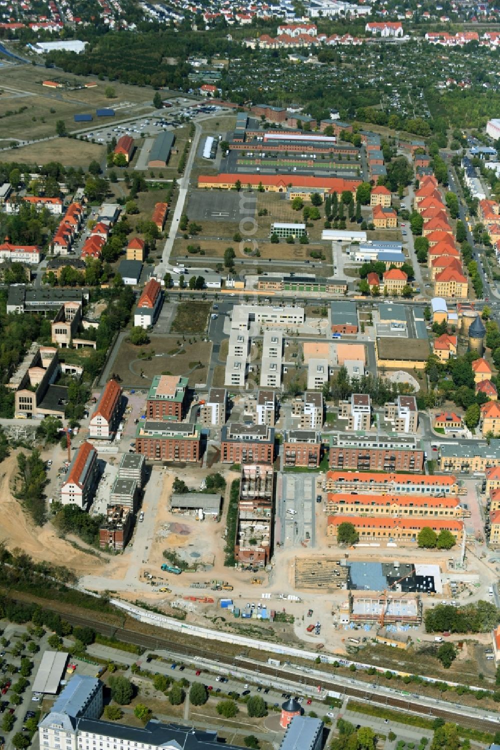 Aerial photograph Leipzig - Construction site to build a new multi-family residential complex on the former Kasernengelaende on Olbrichtstrasse in Leipzig in the state Saxony, Germany