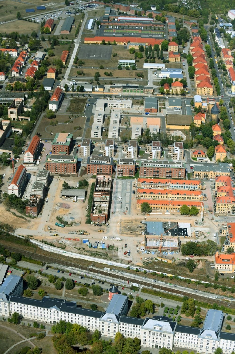 Leipzig from above - Construction site to build a new multi-family residential complex on the former Kasernengelaende on Olbrichtstrasse in Leipzig in the state Saxony, Germany