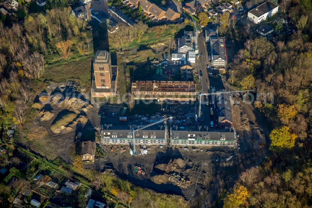 Oberhausen from the bird's eye view: Construction site to build a new multi-family residential complex on tower Malakow- Turm in Oberhausen in the state North Rhine-Westphalia