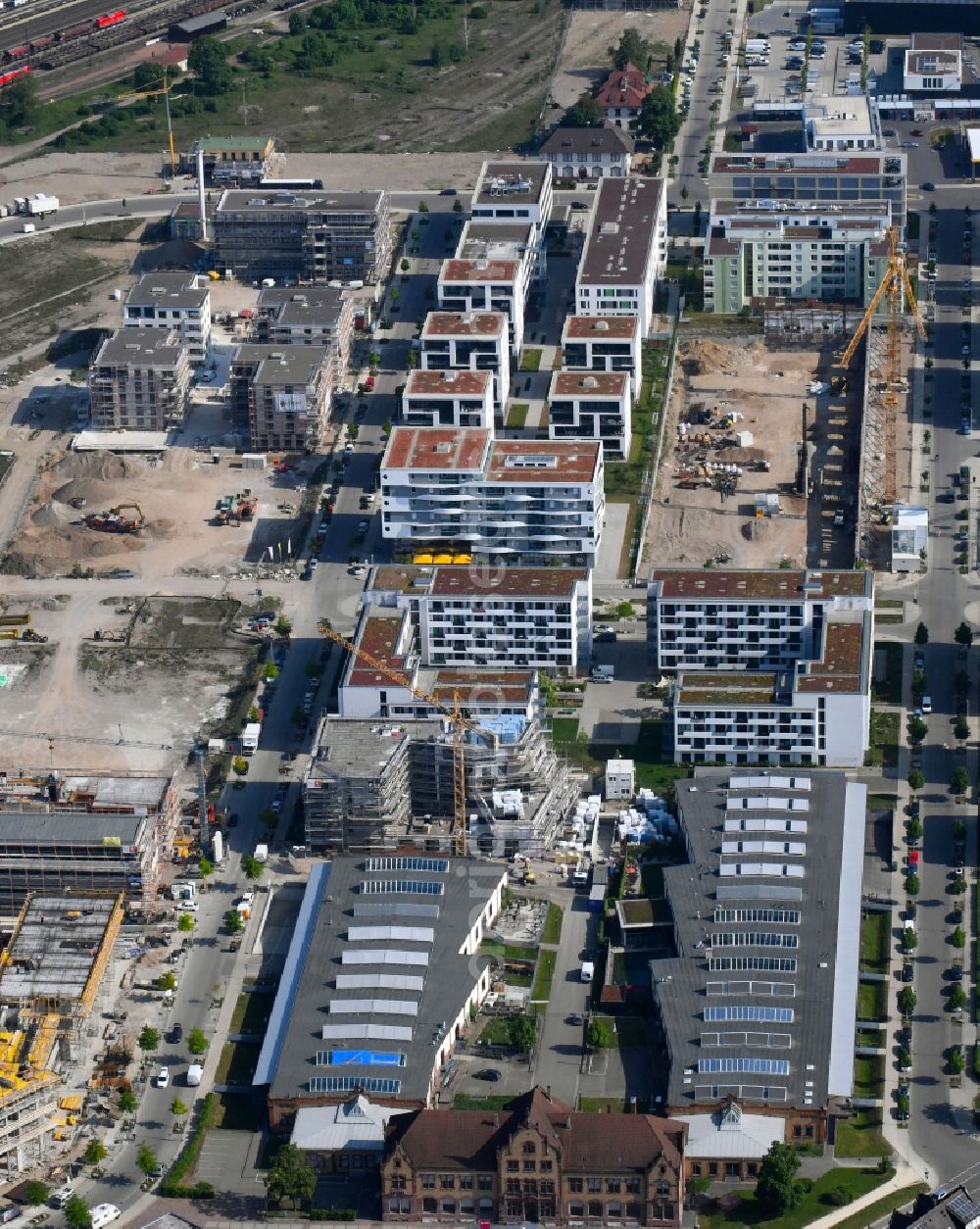 Freiburg im Breisgau from above - Construction site to build a new multi-family residential complex on Ellen-Gottlieb-Strasse - Zita-Kaiser-Strasse - Zollhallenstrasse in Freiburg im Breisgau in the state Baden-Wuerttemberg, Germany