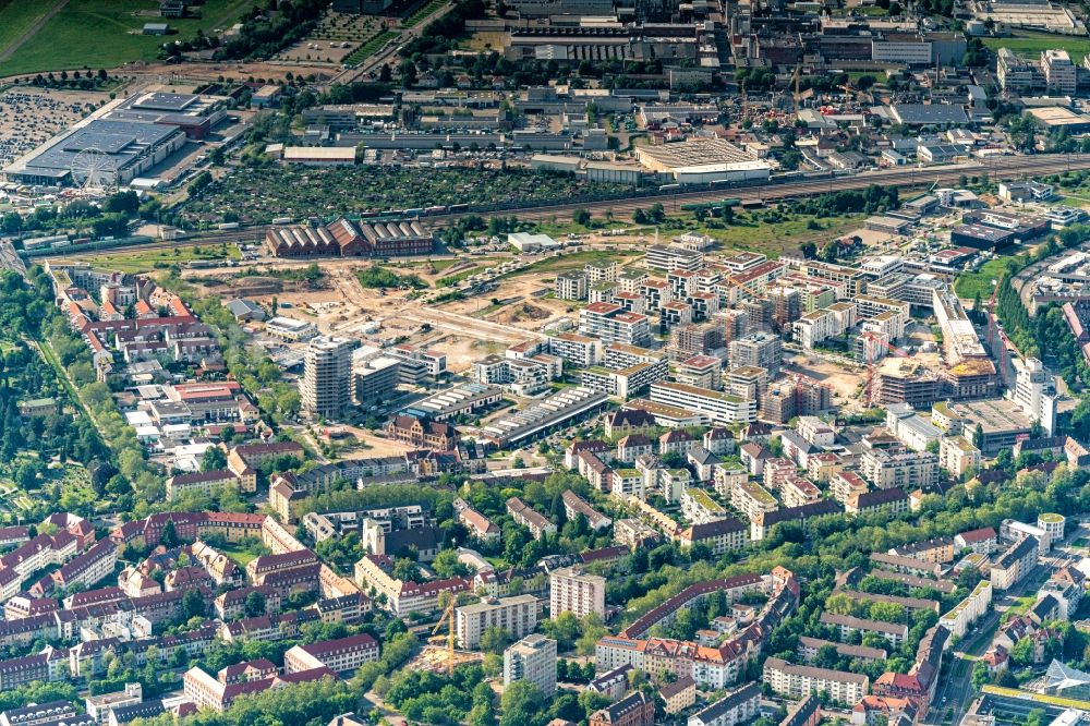 Freiburg im Breisgau from above - Construction site to build a new multi-family residential complex on Ellen-Gottlieb-Strasse - Zita-Kaiser-Strasse - Zollhallenstrasse in Freiburg im Breisgau in the state Baden-Wurttemberg, Germany