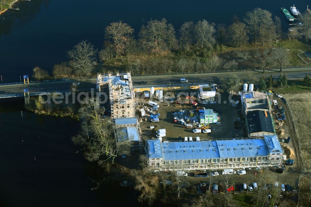 Potsdam from the bird's eye view: Construction site to build a new multi-family residential complex along the federal street 2 in the district Neu Fahrland in Potsdam in the state Brandenburg, Germany