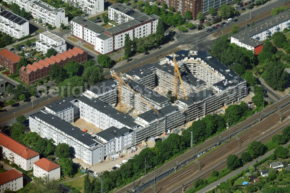 Berlin from above - Construction site to build a new multi-family residential complex along the Hauptstrasse on Rummelsburger Bucht in Rummelsburg in Berlin, Germany