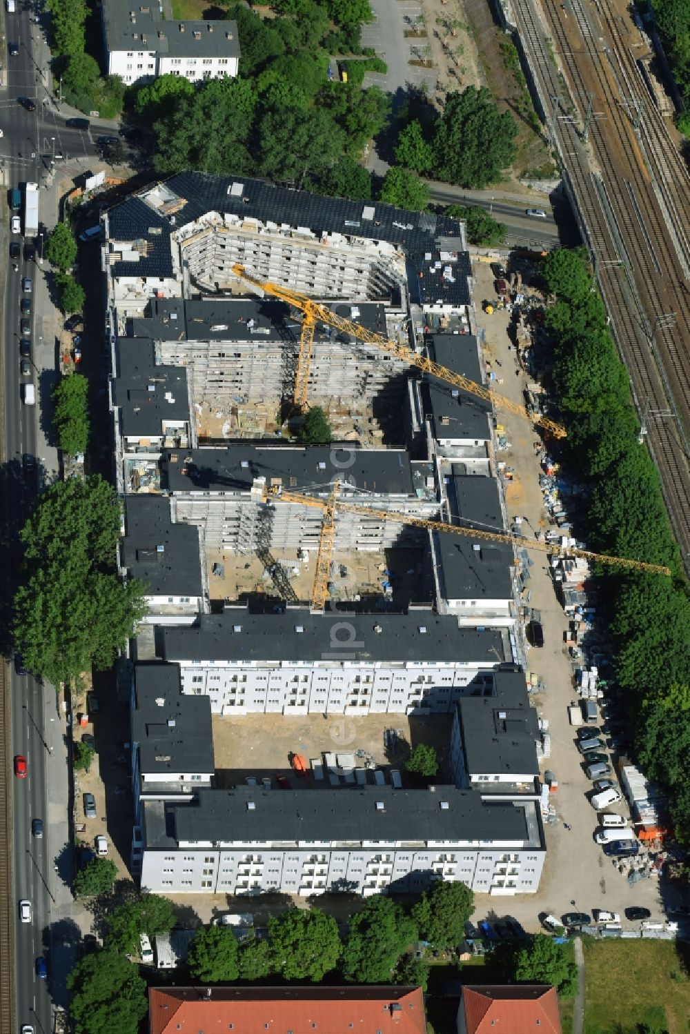 Aerial image Berlin - Construction site to build a new multi-family residential complex along the Hauptstrasse on Rummelsburger Bucht in Rummelsburg in Berlin, Germany