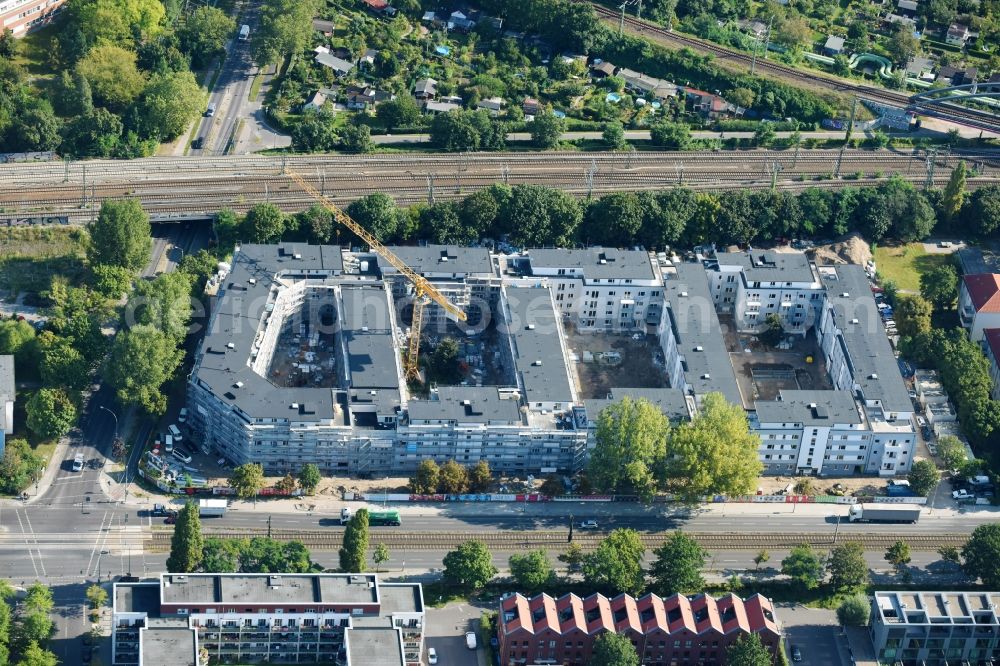 Aerial image Berlin - Construction site to build a new multi-family residential complex along the Hauptstrasse on Rummelsburger Bucht in Rummelsburg in Berlin, Germany