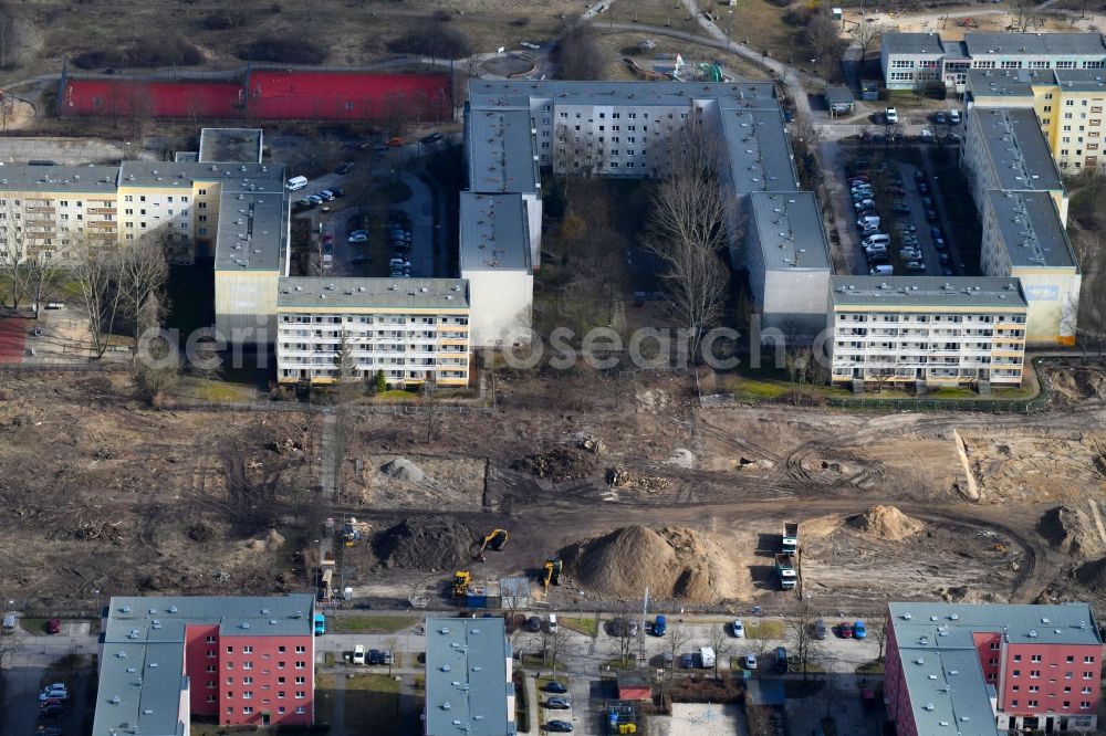 Aerial photograph Berlin - Construction site to build a new multi-family residential complex along the Tangermuender Strasse in the district Hellersdorf in Berlin, Germany