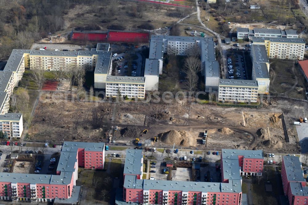 Berlin from above - Construction site to build a new multi-family residential complex along the Tangermuender Strasse in the district Hellersdorf in Berlin, Germany