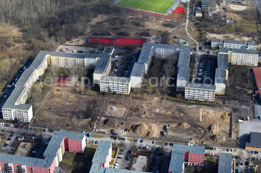 Berlin from the bird's eye view: Construction site to build a new multi-family residential complex along the Tangermuender Strasse in the district Hellersdorf in Berlin, Germany