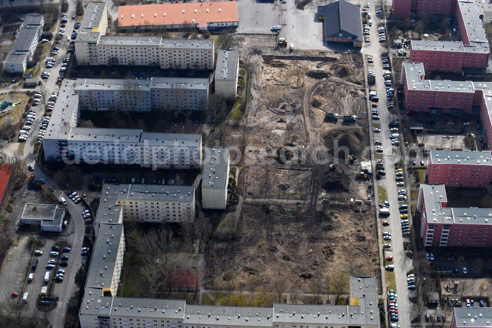 Aerial image Berlin - Construction site to build a new multi-family residential complex along the Tangermuender Strasse in the district Hellersdorf in Berlin, Germany