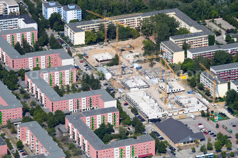 Berlin from the bird's eye view: Construction site to build a new multi-family residential complex along the Tangermuender Strasse in the district Hellersdorf in Berlin, Germany