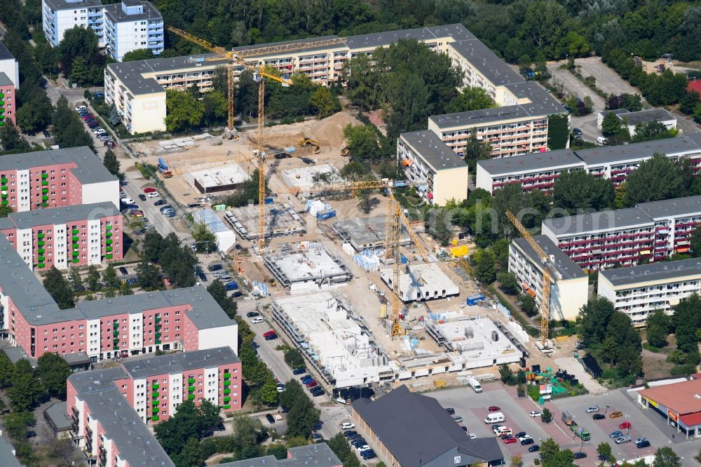 Aerial image Berlin - Construction site to build a new multi-family residential complex along the Tangermuender Strasse in the district Hellersdorf in Berlin, Germany