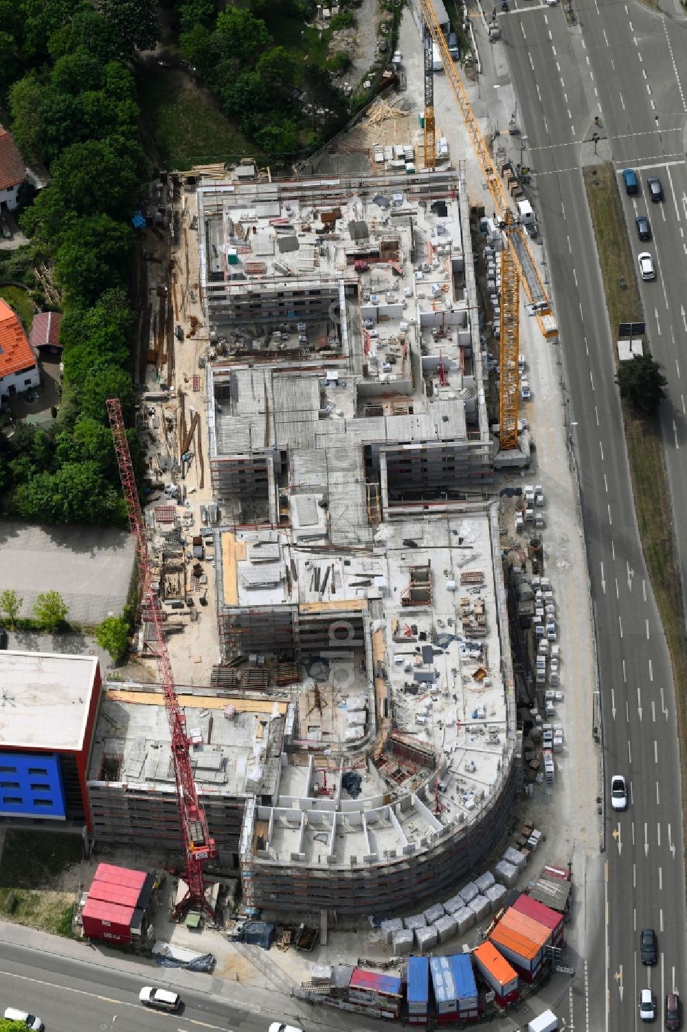 Ingolstadt from above - Construction site to build a new multi-family residential complex of Essinger Wohnbau GmbH on Theodor-Heuss-Strasse in Ingolstadt in the state Bavaria, Germany