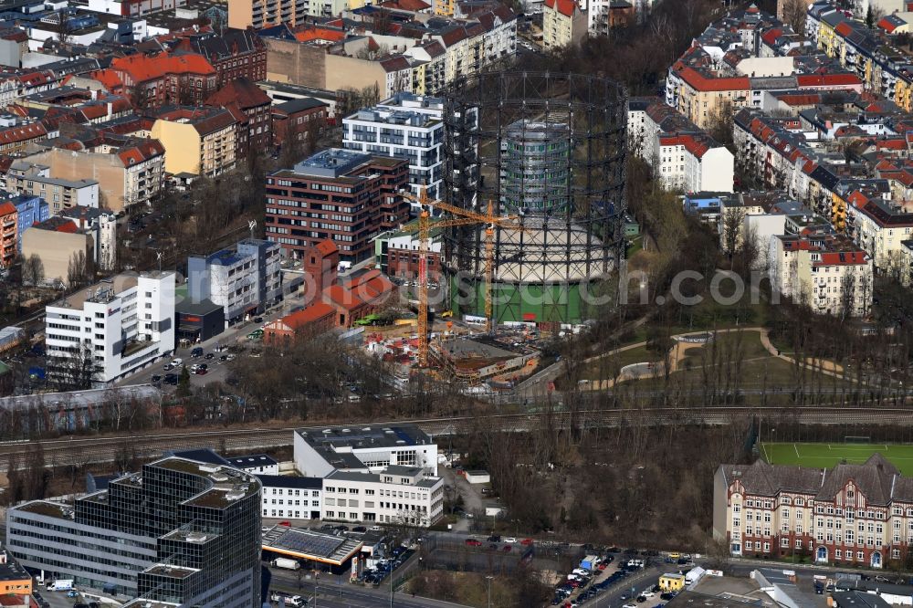 Aerial image Berlin - Construction site to build a new multi-family residential complex of EUREF AG on EUREF-Campus in the district Bezirk Tempelhof-Schoeneberg in Berlin